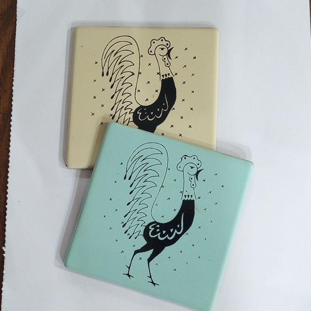 Set of Two "Pot Rooster" Porcelain Tiles
